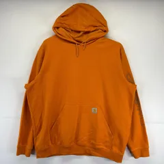 古着 カーハート Carhartt パーカー 大きいサイズ スウェット トレーナー 袖プリント プルオーバー ワンポイントロゴ 2XL  オレンジ メンズ