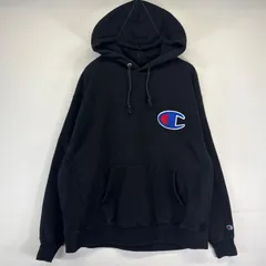古着 チャンピオン Champion パーカー スウェット リバースウィーブ ビッグワンポイントロゴ 刺繍 XL  ブラック メンズ