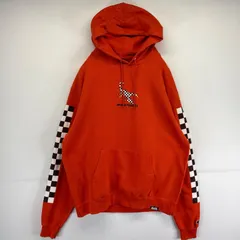 古着 チャンピオン Champion パーカー スウェット プルオーバー  プリント チェッカーボード柄 フーディ L  オレンジ メンズ
