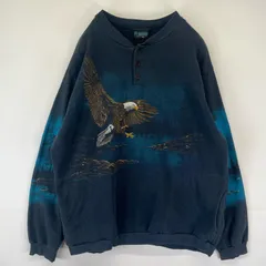 古着 90's/90年代  AU SPORTSWEAR USA製 スウェット ヘンリーネック トレーナー アニマル柄 総柄 イーグル XL  ネイビー メンズ
