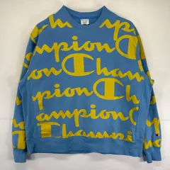 古着 チャンピオン Champion スウェット 大きいサイズ トレーナー クルーネック リバースウィーブ 総柄プリント ロゴプリント 3XL  水色 メンズ