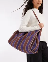 エイソス レディース バッグ ASOS DESIGN tubular handle canvas tote bag and purple stripes ストライプのサムネイル