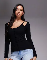 ファッションキラ レディース トップス シャツ コットン Fashionkilla exclusive cotton rich bra insert button up long sleeve top Black ブラック