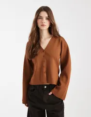 エイソス レディース アウター カーディガン Vネック ニット ASOS DESIGN structured knit vneck cardigan BROWN ブラウンのサムネイル