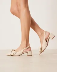 エイソス レディース シューズ ヒール リネン ASOS DESIGN Symbol bow slingback mid block heel shoes inaturalinenaturalinenのサムネイル