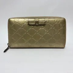 3921 GUCCI グッチ 長財布 ラウンドファスナー GG シマレザー ゴールド リボン