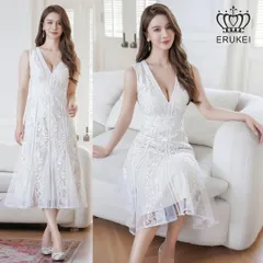 【ERUKEI / エルケイ】総レース Vネック Aライン ミディアムドレス E24098 sugar