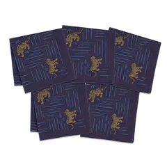 [のレン] メンズ 綿 麻 ハンカチ 47×47cm (吉祥文様 / 5枚セット - 虎/家内安全 財運守護 先見の明) / 日本製 京都謹製 綿80% 麻20% 生地