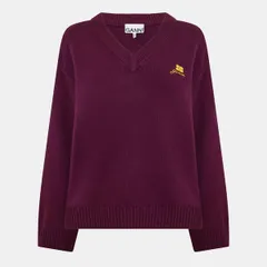 ガニー レディース アウター ニット・セーター Vネック ウール Ganni Womens Wool Mix VNeck Jumper Burgundy バーガンディのサムネイル