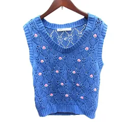 ザラ ZARA ニット ベスト プルオーバー かぎ編み 花柄 S 青 ブルー /AU