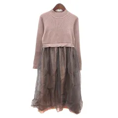 イッツデモ ITS'DEMO ワンピース ニット ロング 長袖 リブ ドッキング チュール F ベージュ /MN