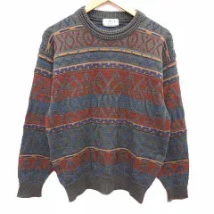 シンプルライフ SIMPLE LIFE ニット セーター 総柄 長袖 ウール M 緑 グリーン 青 ブルー 茶 ブラウン /YK