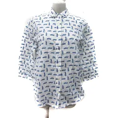 ニコアンド Niko and.. シャツ ブラウス シアー 総柄 七分袖 3 M～L 白 ホワイト 紺 ネイビー /YI