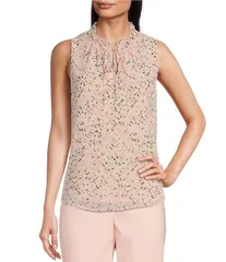 アンクライン レディース トップス シャツ モックネック プリント フリル ノースリーブラウス Anne Klein Printed Ruffle Mock Neck Sleeveless Tie F