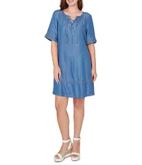 ルビーアールディー レディース トップス ワンピース プチ レース Ruby Rd Petite Size Tencel Split Neck Short Sleeve LaceUp Shift Dress Dark Chambray