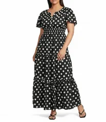 シュガーリップス レディース トップス ワンピース ドット柄 Vネック ティアードット プラスサイズ プリント マキシ Sugarlips Plusize Palmer Polka Dot Print Split VNeck Short Sleeve Tier