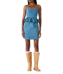 スティーブ マデン レディース トップス ワンピース ミニ ノースリーブ デニム Steve Madden Giselia Scoop Neck Sleeveless Peplum Waist Denimini Dress Aruba Blue ブルー