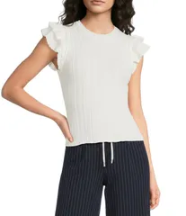 スカイズアブルー レディース アウター ニット・セーター クルーネック フリル キャップ Skies Are Blue Crew Neck Ruffle Cap Sleeve Sweater Knitop White ホワイト