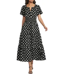シュガーリップス レディース トップス ワンピース ドット柄 Vネック ティアードット マキシ Sugarlips Palmer Polka Dot Split VNeck Short Sleeve Tiered Poplin Maxi Dress Black