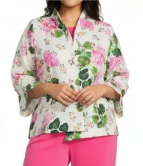 アイシーコレクション レディース アウター コート アシンメトリー フラワー柄 プラスサイズ フラワー ジャケット ICollection Plus Textured Floral Stand Collar Bracelet Sleeve Asymmetric