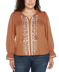 ベルディーニ レディース トップス シャツ プラスサイズ 刺繍 ブラウス Belldini Black Label Plusize TieNeck EmbroideredFront Blouse Iced Latte ブラック