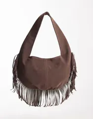 マイアクセサリーズ レディース バッグ スエード フリンジ My Accessories faux suede fringed shoulder bag with round base in dark BROWN ブラウン