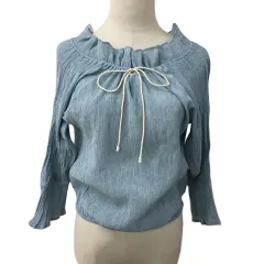 レイカズン Ray cassin ブラウス シャツ ラウンドネック フリル リボン 2WAY オフショルダー 楊柳 長袖 F 水色 ライトブルー