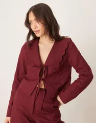 エイソス レディース アウター ジャケット・ブルゾン ASOS DESIGN tailored scallop collar tie front jacket in dark cherry part of a set Dark Cherry