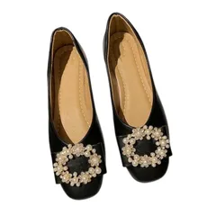 [3MDGHD] ビジュー パンプス 靴 レディース ポインテッドトゥ フラット シューズ ぺたんこ かわいい 華やか 歩きやすい 柔らかい くつ しゅーず ぱんぷす ローヒール スリッポン 人気 フォーマル ビジネス ヒール [ブラック] [23.5 cm]