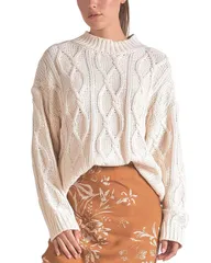 エラン レディース アウター ニット・セーター クルーネック Elan Cable Knit Crewneck Sweater Off White オフホワイト