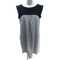 ザラ ベーシック ZARA BASIC ワンピース ひざ丈 切替 ロールアップ 総柄 ノースリーブ L 黒 ブラック /AU