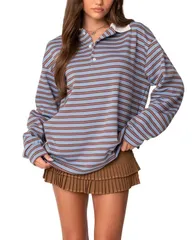 アディクテッド レディース トップス シャツ Edikted Stripey Oversized Collared Shirt Blue ブルー