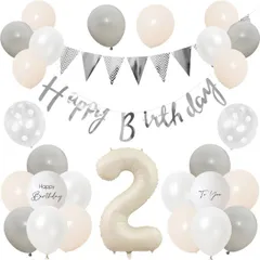 Lausatek バルーン 誕生日 2歳 風船セット HAPPY BIRTHDAY バースデー ガーランド バースデー 飾り付け 装飾 数字 サプライズ お祝い イベント 子ども 男の子 女の子 グレー ホワイト