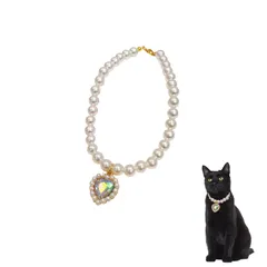 Sunny Glow ペット 首輪 フェイクパール ネックレス 猫 小型犬用 ジュエリー ハート チャーム付き ラインストーン 調節可能 アクセサリー (クリア, Sサイズ) [クリア] [Sサイズ]