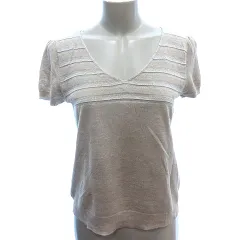 ケーティー キヨコ タカセ  K.T KIYOKO TAKASE ニット カットソー Vネック ボーダー 麻 リネン 半袖 11 L ベージュ /AU