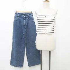 ヘザー Heather チコ Chico パンツ キャミソール 2枚セット ワイド ロング ハイウエスト デニム ボーダー 刺繍 胸パッド 青 ブルー ベージュ 黒 ブラック S F