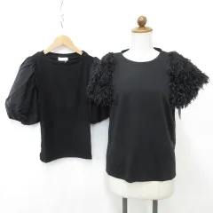 トッコ TOCCO closet ティティーアンドコー TITTY CO カットソー 2枚セット プルオーバー 半袖 クルーネック 別布 フリンジ 五分袖 シフォン ボリューム袖 黒 ブラック M F