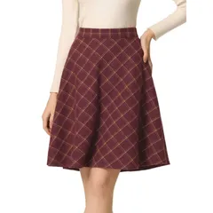 アレグラ ケー レディース ボトムスカート A ライン ひざ丈 ALLEGRA K Womens Plaids Elastic Waist Knee Length Worsted A Line Skirt Burgundy バーガンディ