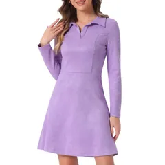 アレグラ ケー レディース トップス ワンピース A ライン スエード ALLEGRA K Womens Faux Suede Lapel Neck Long Sleeve ALine Dress Purple パープル