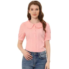 アレグラ ケー レディース トップス シャツ ブラウス ALLEGRA K Womenswiss Dots Puffy Short Sleeves Button Front Shirt Peter Pan Collar Blouse Pink ピンク