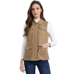 アレグラ ケー レディース トップス Tシャツ ベスト ノースリーブ ジャケット ALLEGRA K Womens Zip Up Jacket with Pocketsleeveless Anorak Utility Vest Darkhaki カーキ