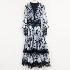 TADASHI SHOJI　タダシショージ　プリーツワンピース　ロング　パフスリーブ　レース　花柄　ポリエステル　オフホワイト　ブラック　レディース　2　b00722のサムネイル