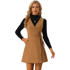アレグラ ケー レディース トップス ワンピース Vネック ヴィンテージ A ライン オーバーオール スエード ALLEGRA K Suede Overall Dress for Womens V Neck Vintage ALine Button Front