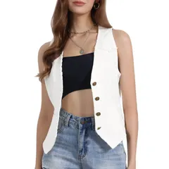 アレグラ ケー レディース アウター ジャケット・ブルゾン ベスト ノースリーブ デニム ALLEGRA K Womens Denim Vest Sleeveless Washedistressed Jean Jacket White ホワイト
