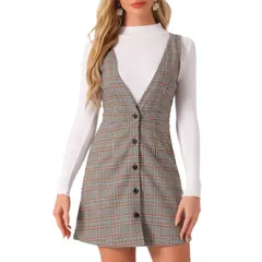 アレグラ ケー レディース トップス ワンピース オーバーオール ALLEGRA K Womens Overall Suspender Check Houndstooth Pinafore Dress Gray Brown グレー
