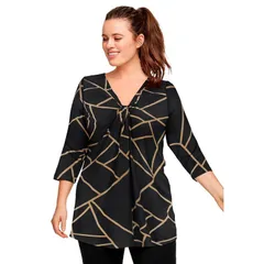 Ellos レディース トップス Tシャツ Vネック プラスサイズ ニット ellos Plusize Stretch Knit VNeck 34 Sleeve Knot Frontunic Black Brown Sugar Geo ブラック