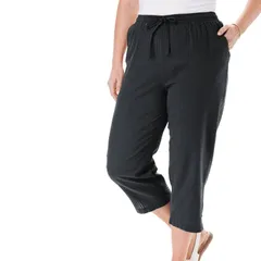 ウーマン ウィズイン レディース ボトムス カジュアルパンツ プラスサイズ キャップ Woman Within Plusize Seersucker PullOn ElasticWaist Capri Pants Black ブラック