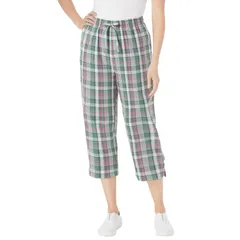 ウーマン ウィズイン レディース ボトムス カジュアルパンツ プラスサイズ キャップ Woman Within Plusize Seersucker PullOn ElasticWaist Capri Pants Pine Plaid チェック