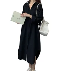 [グリーンパキラ] ロングシャツレディース長袖 シャツワンピース レディース 秋 春 トップス シャツ ブラウス 羽織り ロング 大きいサイズ 襟付き 前開き コットンワンピース 綿100% 重ね着 着回し カジュアル 体型カバ [ブラック] [M] [標準]