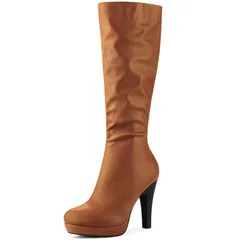 アレグラ ケー レディース シューズ ブーツ・レインブーツ プラットフォーム ヒール ALLEGRA K Womens Chunky Heel Round Toe Platform Knee High Boots Brown ブラウン